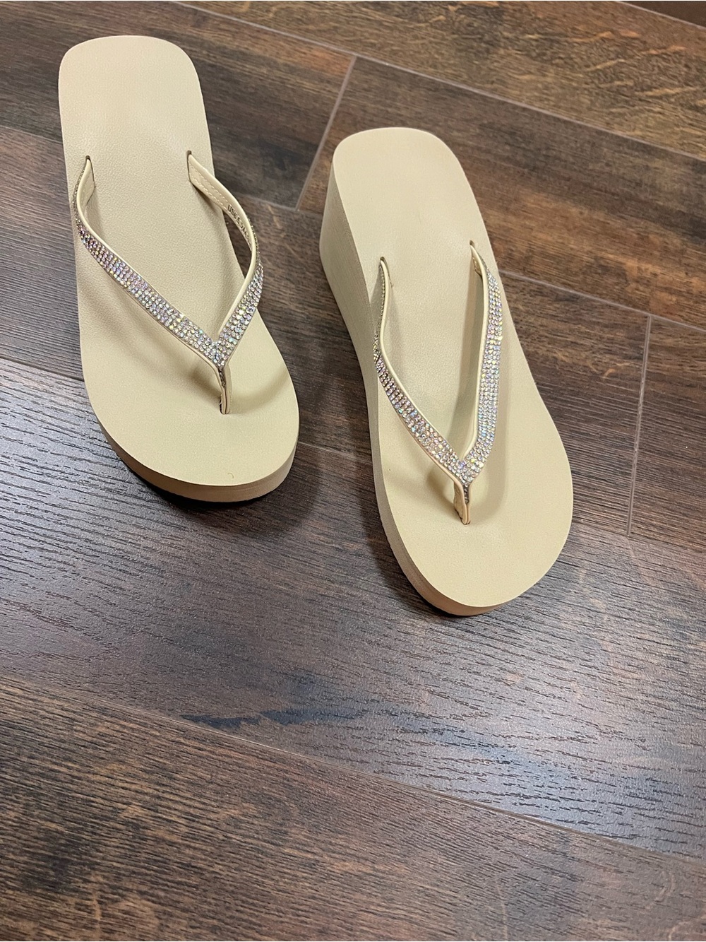 Beige Rhinestone Wedge Flip Flop Sandals